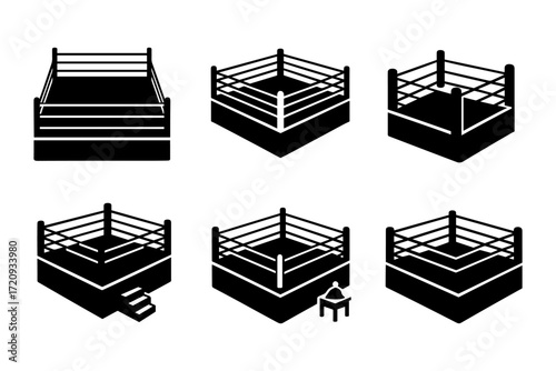  isometric boxing ring icons , square ring, corner posts, ropes, steps, stool