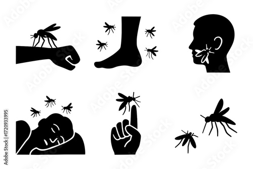mosquito bite silhouette icons , itchy skin, face, arm, leg, sleeping protection