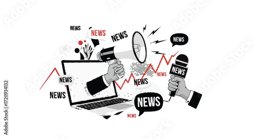 Illustration depicting news and media with a laptop, megaphone, and microphone.