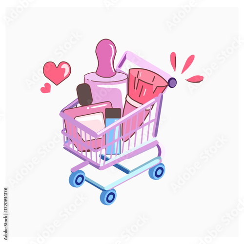 shopping cart with heart . Shopping trolley full of facial serum, perfume bottle, lipstick and other hair and skin cosmetic products. Beauty and fashion doodle concept. Vector illustration.