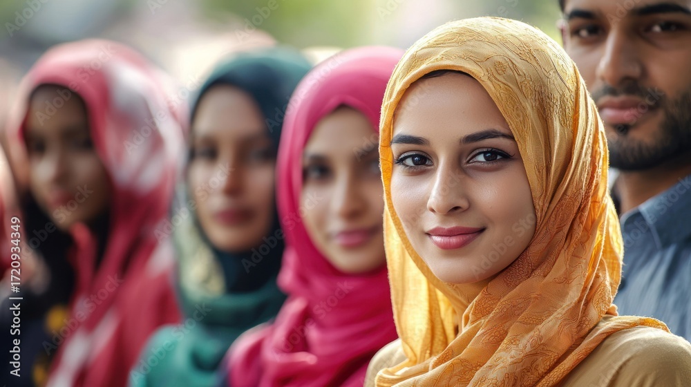 Fototapeta premium A group of people wearing colorful headscarves, standing in a row.