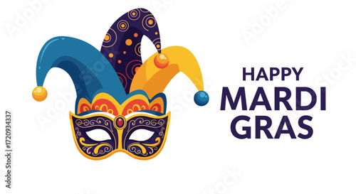 A festive jester hat and mask represent the spirit of happy mardi gras celebrations.