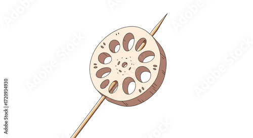 A cross-section of a lotus root on a wooden skewer on a white background.