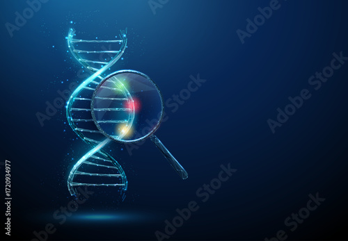 DNA strand under magnifying glass with red, yellow, green spots inside. Genetic variations, analysis, pharmacogenomics, biomarker identification, DNA sequencing concept