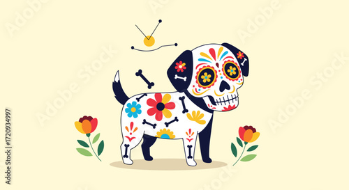 A cute dog painted with day of the dead sugar skull art with flowers and a sun.