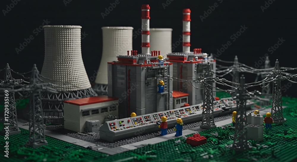 Naklejka premium Lego Nuclear Power Plant Model: Detailed Construction with Cooling Towers and Infrastructure.