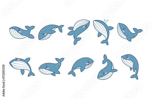 Flat blue whale icons in playful swimming and jumping poses, cute minimalist ocean characters ideal for kids art, stickers, nursery decor, social posts, educational materials, and marine themed design