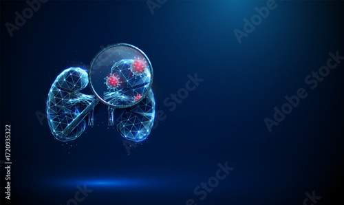 Kidney with a magnifying glass and viruses inside. Viral infection, medical diagnosis, kidney disease detection, nephrology research, health monitoring concept.