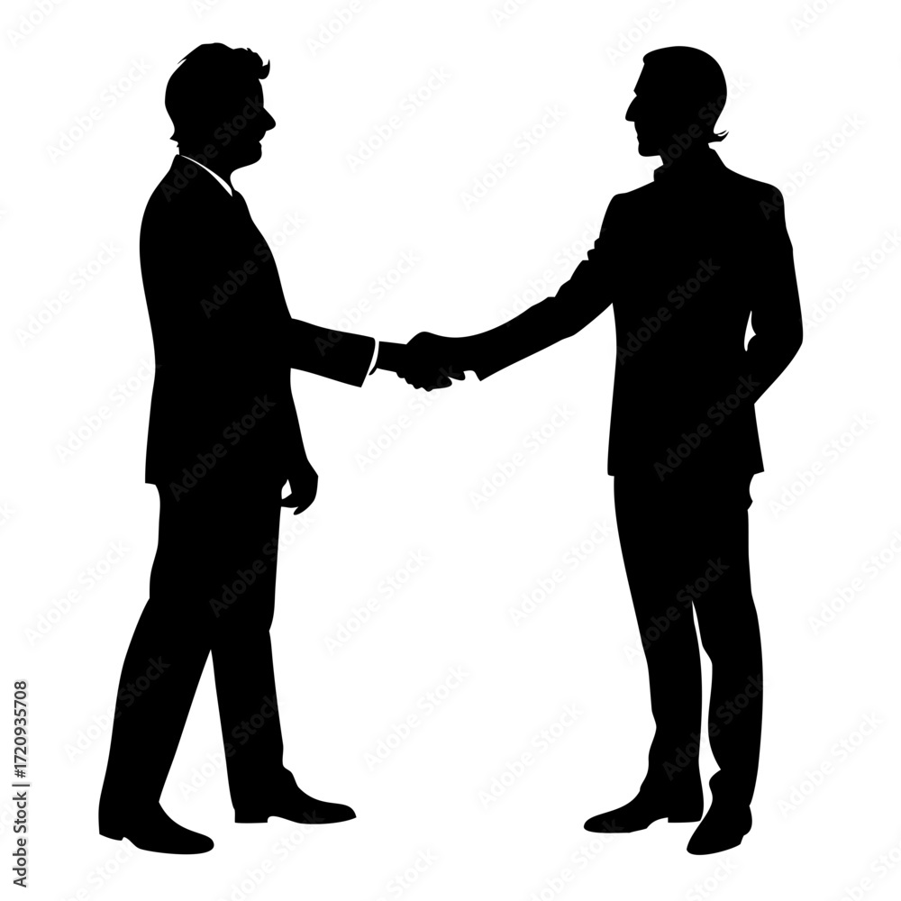 Fototapeta premium Two businessmen in suits shaking hands in silhouette against a white background in a formal setting | svg ,png & jpeg on transparent background