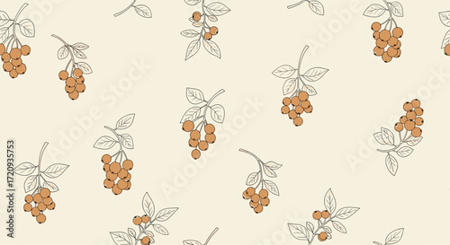 A delicate pattern of small clusters of orange berries with thin black stems and leaves.