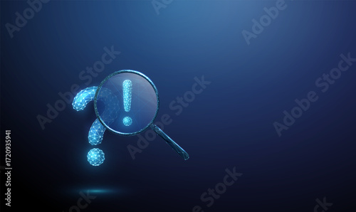 3d blue question mark under magnifying glass with exclamation mark inside. Problem-solving, critical thinking, insight discovery, alert identification concept.