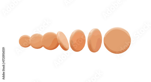 A row of seven rotating beige discs increasing in size from left to right on a white background.