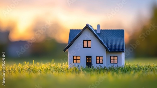 Wallpaper Mural A small white house with a black roof sits on a grassy lawn at sunset. Torontodigital.ca