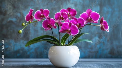 A vibrant pink orchid in a white vase on a rustic wooden table against a textured blue wall.
