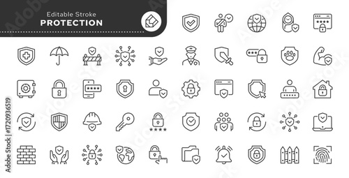 Protection line icon set. Security, shield, lock, guard, umbrella, alarm, code, password, fence, safe and more. Outline icon in linear style. Vector collection.