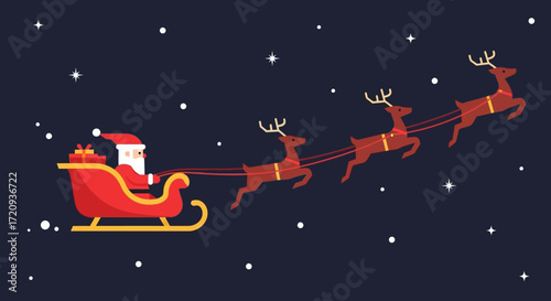 Flat Geometric Santa Claus Sleigh with Reindeer Night Sky Illustration