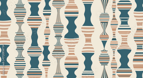 An abstract pattern of vertical striped hourglass shapes in muted blue and tan on a cream background.