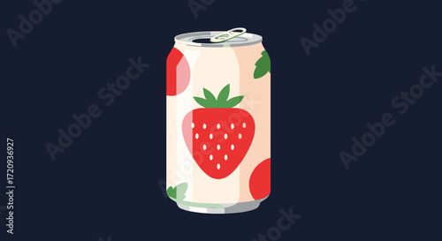 A refreshing strawberry flavored soda in a can with a playful and sweet design. It is a delightful beverage for any occasion.