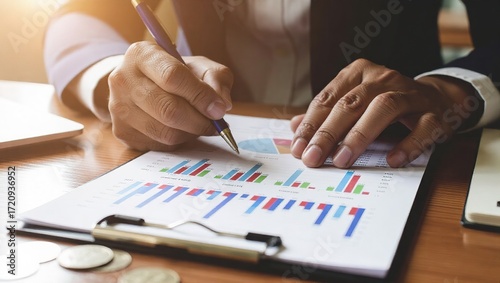 Business Professional Analyzing Financial Charts with Pen and De