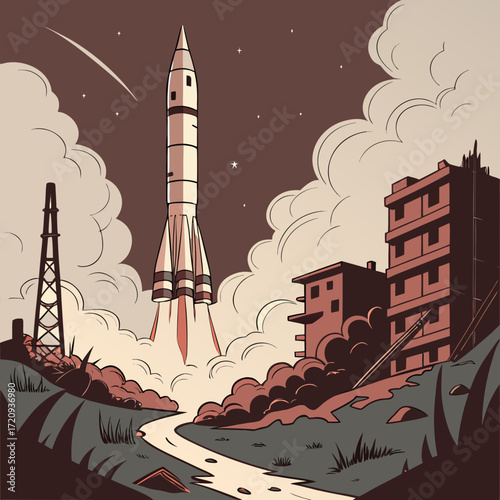 Rocket launch from a desolate landscape in vintage cartoon illustration style
