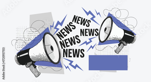 Two megaphones broadcasting the word NEWS in a dynamic, illustrative style with abstract shapes and sound waves.