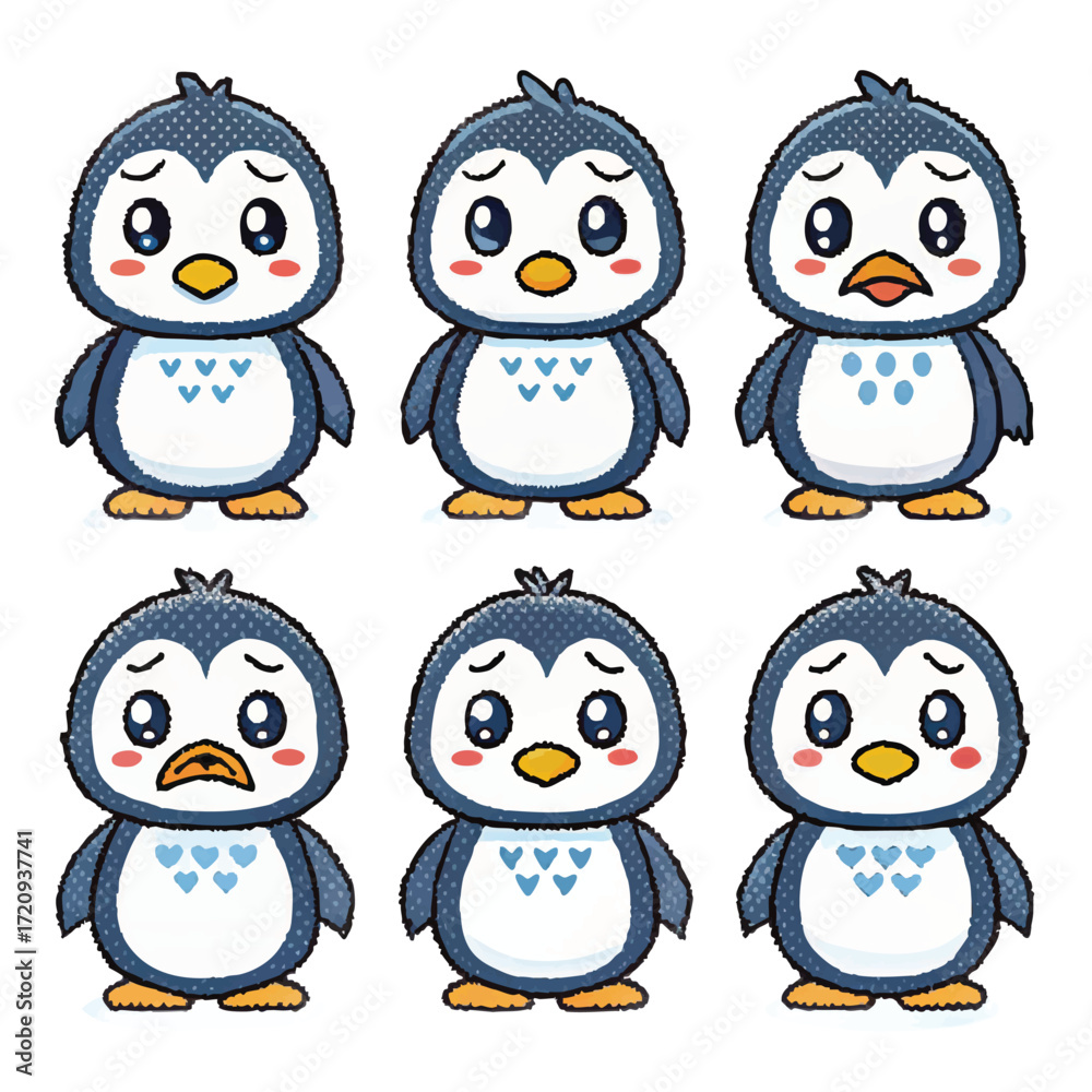 Naklejka premium Pixel Art Penguin Emoji Pack – Retro 8-Bit Style Vector Icons Collection