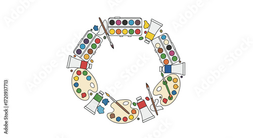 A circular arrangement of art supplies including paint palettes brushes and paper.