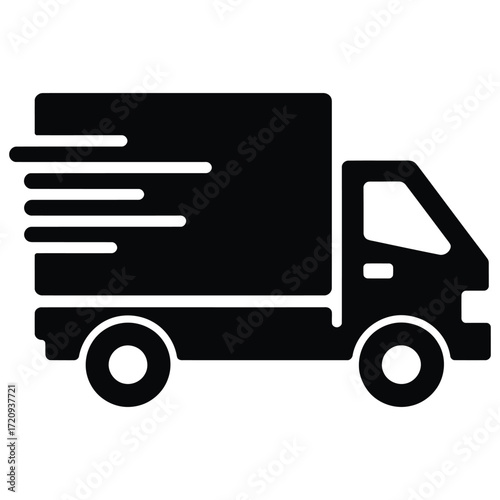 Black delivery truck icon, ideal for logistics, transportation, and ecommerce themes, symbolizing fast and reliable service