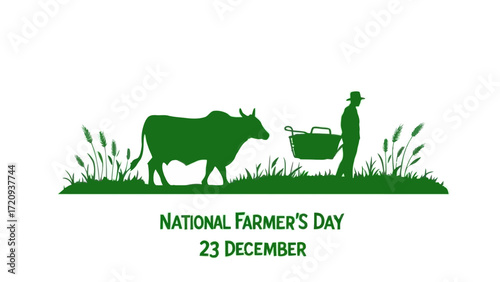 Flat vector of farmer plowing field with oxen and wheat ears with “National Farmer’s Day 23 December” text on white background