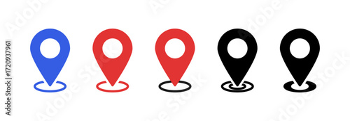 location icon collection set , map pin icons in outline, black, and red styles. for maps, GPS, navigation apps, location markers, address indications, and geolocation interfaces