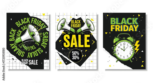 Dynamic Black Friday sale announcements with striking graphics and urgent sale messaging perfect for attracting shoppers and driving high sales volume