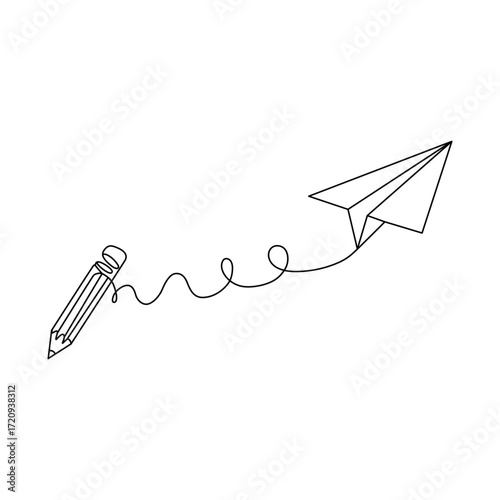 Creative Writing Concept with Pencil and Paper Airplane Design Isolated on White Background in Minimalist Style