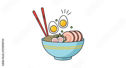 A vibrant illustration of a steaming bowl of delicious ramen noodles with traditional toppings and chopsticks.