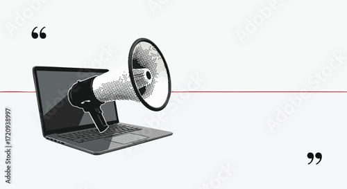 Boost your message with this dynamic laptop and megaphone concept, ideal for announcements, promotions, and marketing campaigns that demand attention