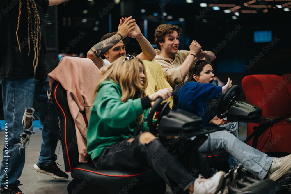 Obraz premium A lively scene of friends experiencing the thrill of a racing simulation. Enthusiastically engaged and feeling the excitement, they express focus and teamwork in a casual indoor gaming environment.