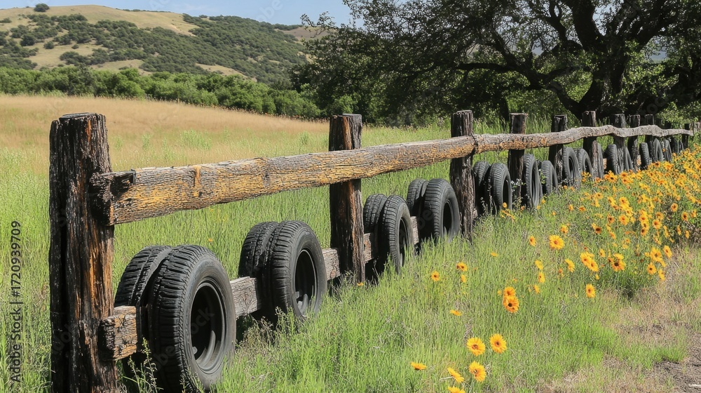 Obraz premium Wooden fence with black tires in green field with yellow flowers and hills in summer rural landscape