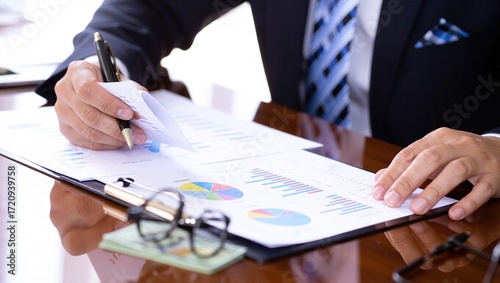 Businessman Examining Financial Charts at Desk