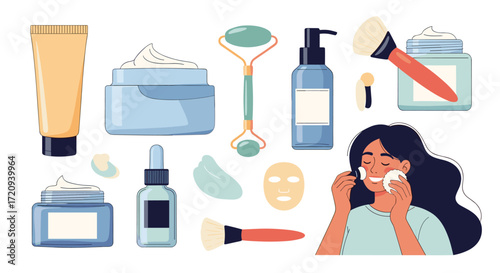 A collection of skincare products and tools for a beauty routine.