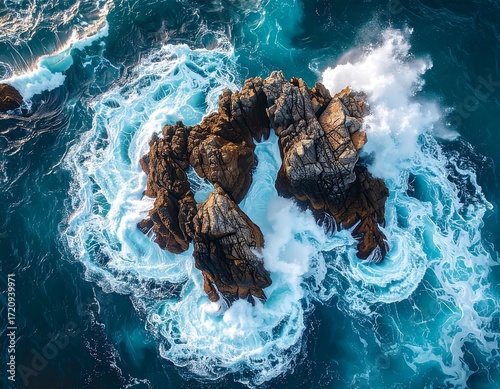 Rocky islet amidst churning waves
