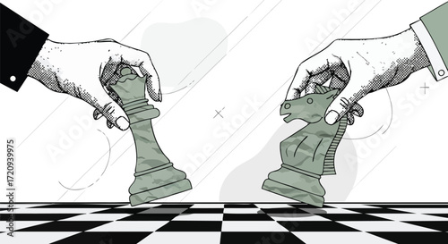 Strategic hands move chess pieces on board, symbolizing competition, planning, and decisive business victory in a modern, conceptual design.