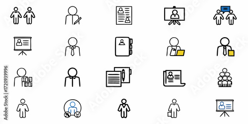 Professional business icons representing teamwork, communication, presentations, and career development, perfect for modern design projects