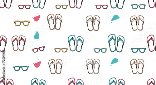 A pattern of sunglasses and flip-flops with colorful splashes of color.