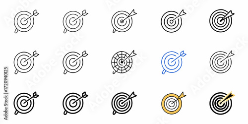 Multiple target icons with arrows hitting the bullseye, perfect for business strategy, success, and goal achievement visuals