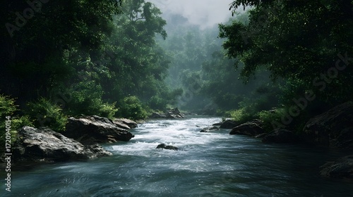 A flowing river winds through a dense misty tropical jungle illuminated by soft filtered light