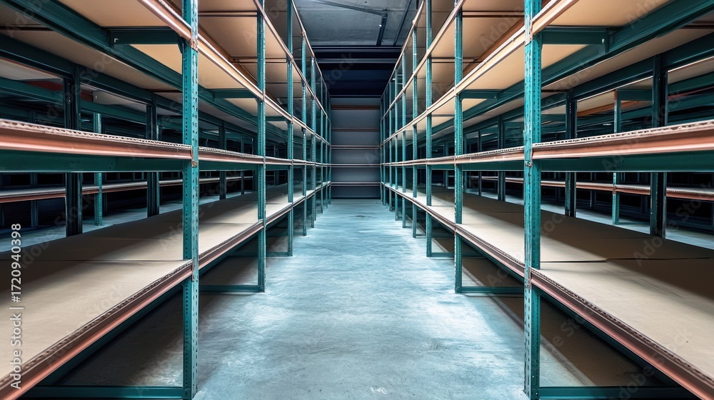 Fototapeta premium Empty warehouse shelves with no items on them.