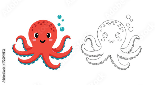 A cute red cartoon octopus with big eyes and a happy smile swimming in the ocean with bubbles.