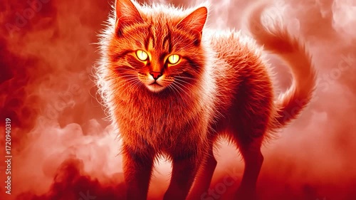 Mysterious Fiery Cat with Glowing Eyes in Smoky Red Haze.