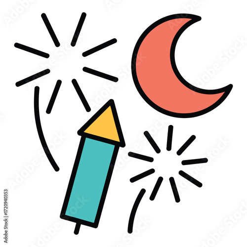 Illustration of a rocket, moon, and fireworks, depicting celebration, festival, and festive atmosphere with vibrant colors