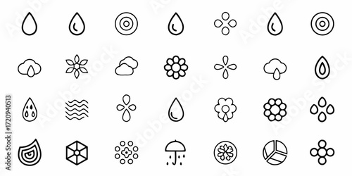 Collection of elegant weather, nature, and design elements including droplets, clouds, flowers, and waves for various creative projects