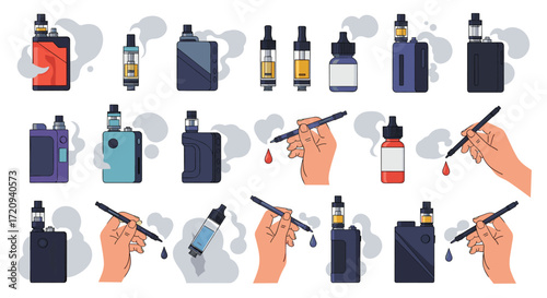 Illustrations of electronic cigarettes and e-liquid bottles with swirling vapor clouds